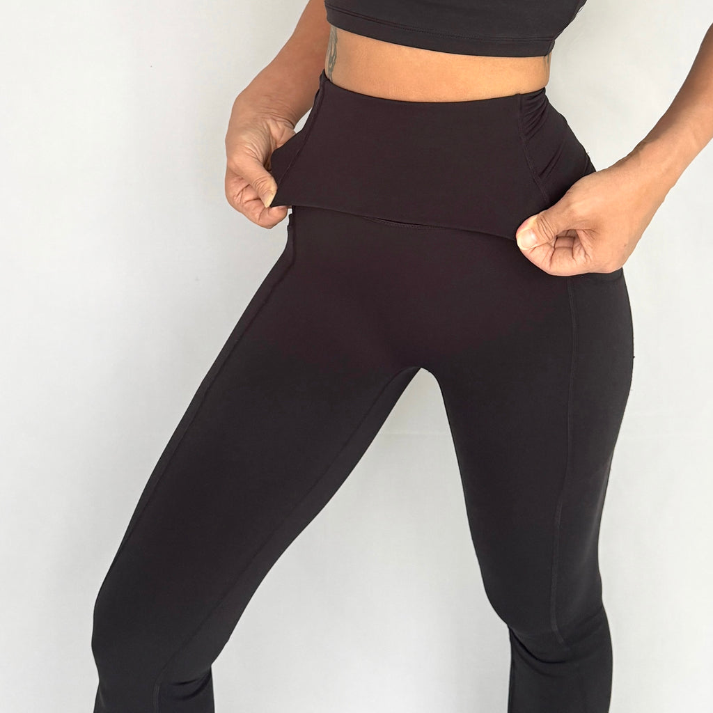 EaseMode Flared Leggings with Fold-Over High Waistband